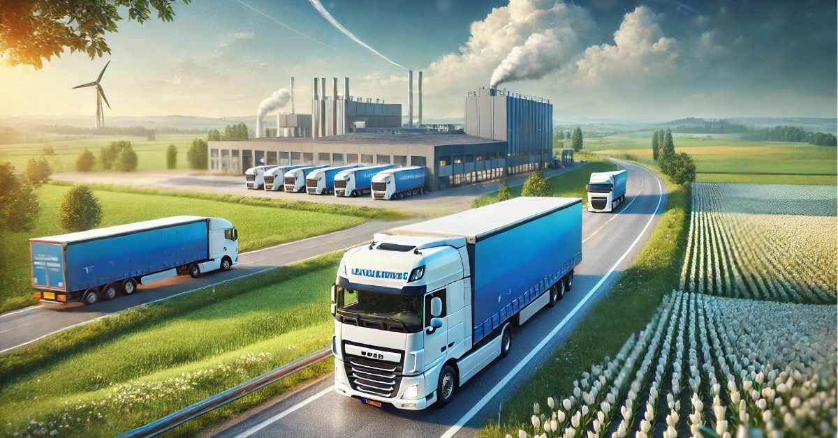 De afbeelding toont een visualisatie van het bedrijf Sent Waninge, dat gespecialiseerd is in 24-uurs distributie, complete ladingen en geconditioneerd transport.